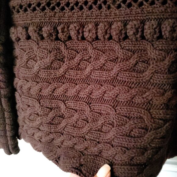 Women Brown Cardigan Sweater M Pom Pom Goblincore Neutral Academia Cottage Twee - Picture 6 of 11